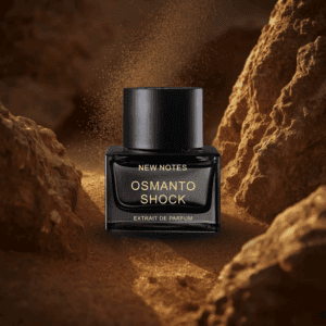 New Notes Osmanto Shock parfüm sivatagi háttérben – prémium niche illatfotó.