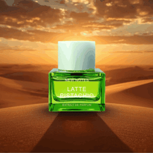 New Notes Latte Pistachio parfüm a sivatagi naplementében – élénk zöld niche illatfotó.