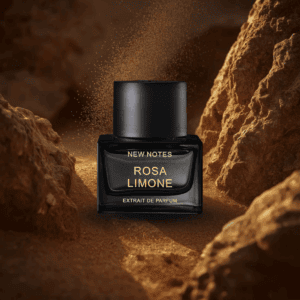 New Notes Rosa Limone parfüm a sivatagi homok háttérben – prémium niche illatfotó.