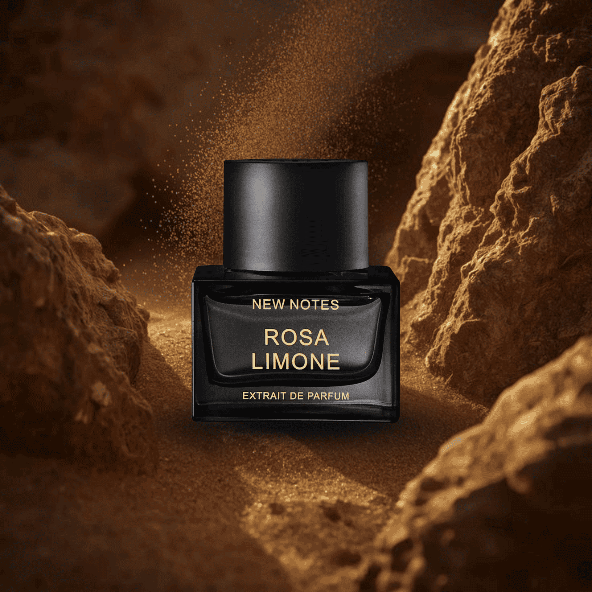 New Notes Rosa Limone parfüm a sivatagi homok háttérben – prémium niche illatfotó.