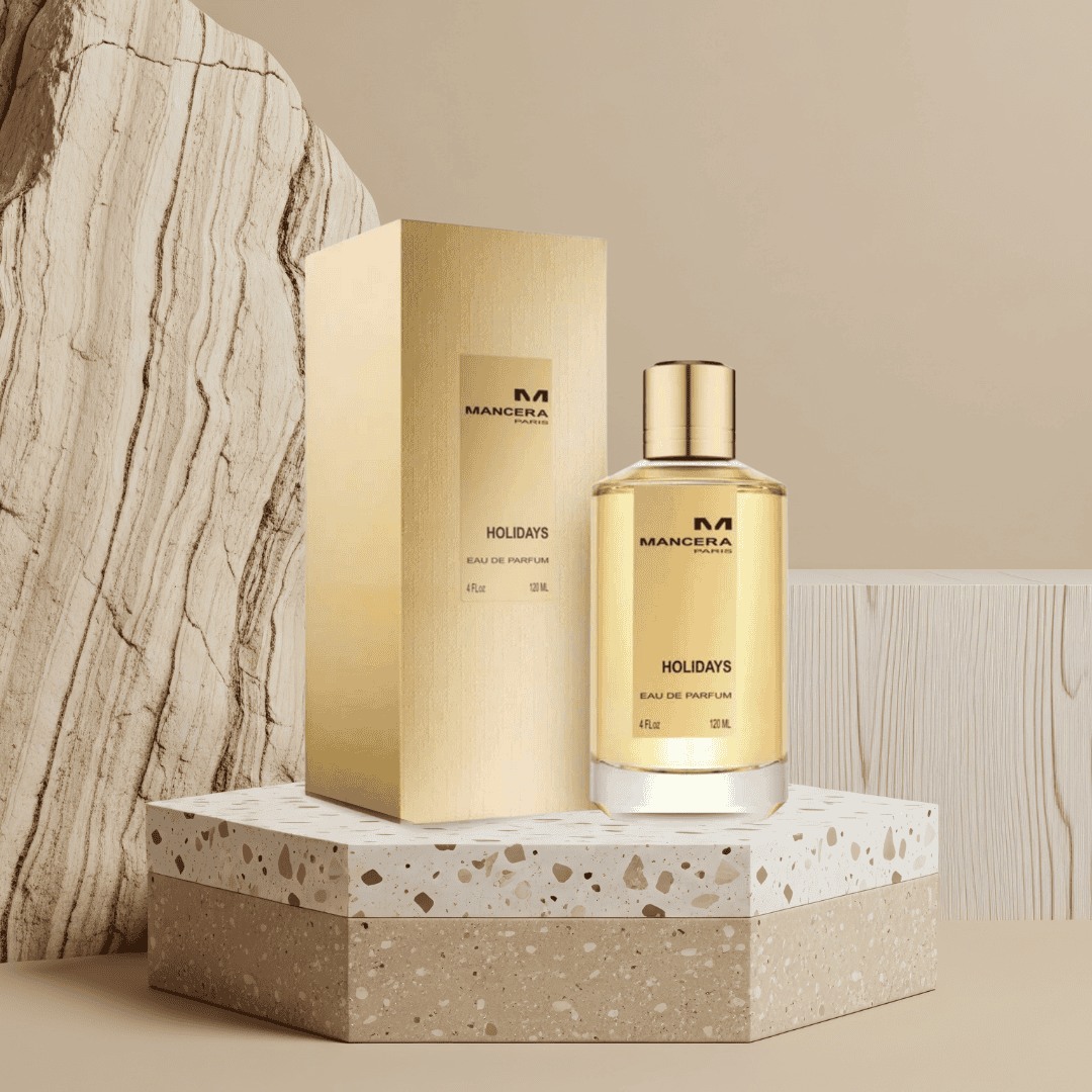 MANCERA HOLIDAYS parfüm üveg, luxus illatszer, arany színű, elegáns dizájn.