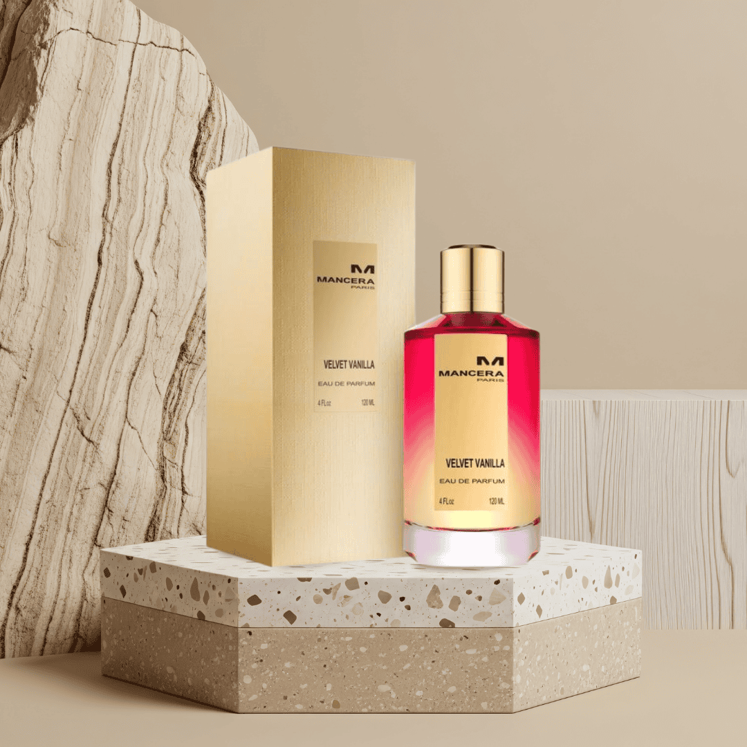 Vancsos Mancera Velvet Vanilla parfüm, elegáns üveg és arany színű doboz, luxus illat.