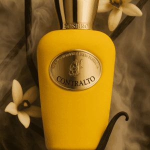 Sospiro Contralto parfüm – prémium niche illatfotó vaníliavirágokkal és füstös háttérrel.