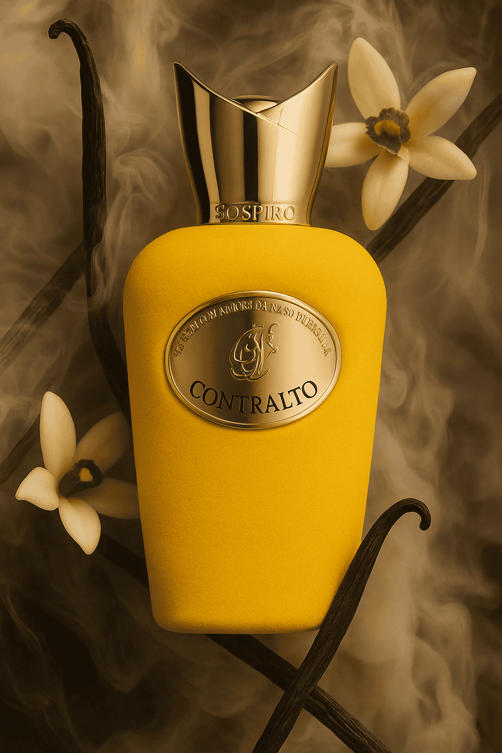Sospiro Contralto parfüm – prémium niche illatfotó vaníliavirágokkal és füstös háttérrel.