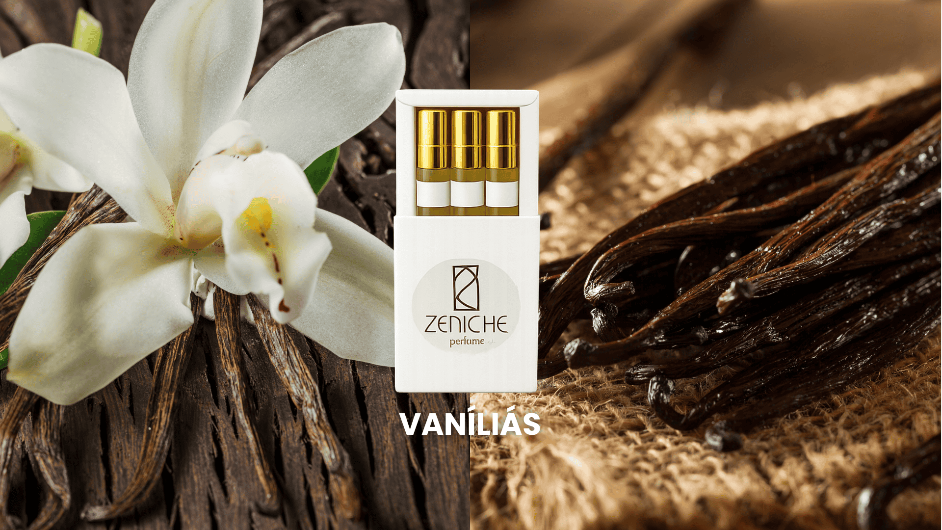 Fehér orchidea és vanília szárított vaníliarügyekkel, Zeniche Parfüméria elegáns illatminta.