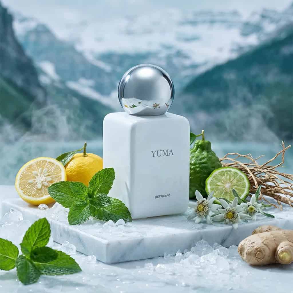 Yuma parfüm üveg, friss citrus és mentol jegyekkel, téli hangulatban.