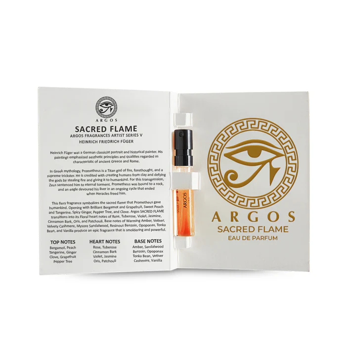 Argos Sacred Flame parfüm üveg, arany színű dizájnnal, luxus illat.