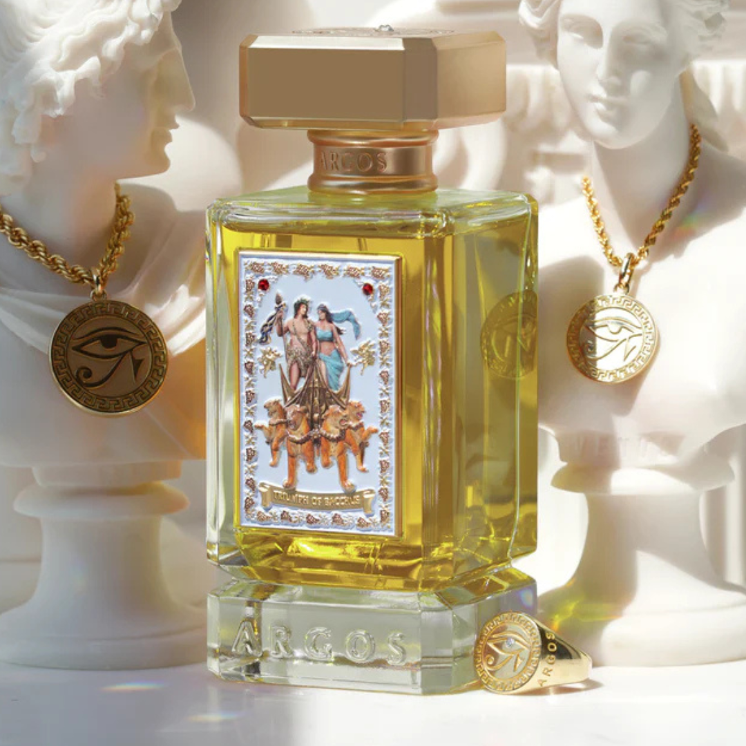Egyedi Zeniche Parfüméria luxus parfüm üveg, arany részletekkel és ókori egyiptomi motívumokkal.